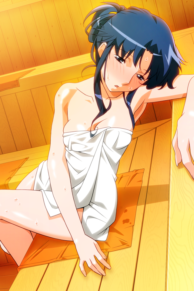 1girl bangs blue_eyes blue_hair fujiwara_aya head_tilt indoors long_hair naked_towel non-web_source official_art photoshop_(medium) sauna shiny shiny_skin sitting solo super_real_mahjong tanaka_ryou towel wet