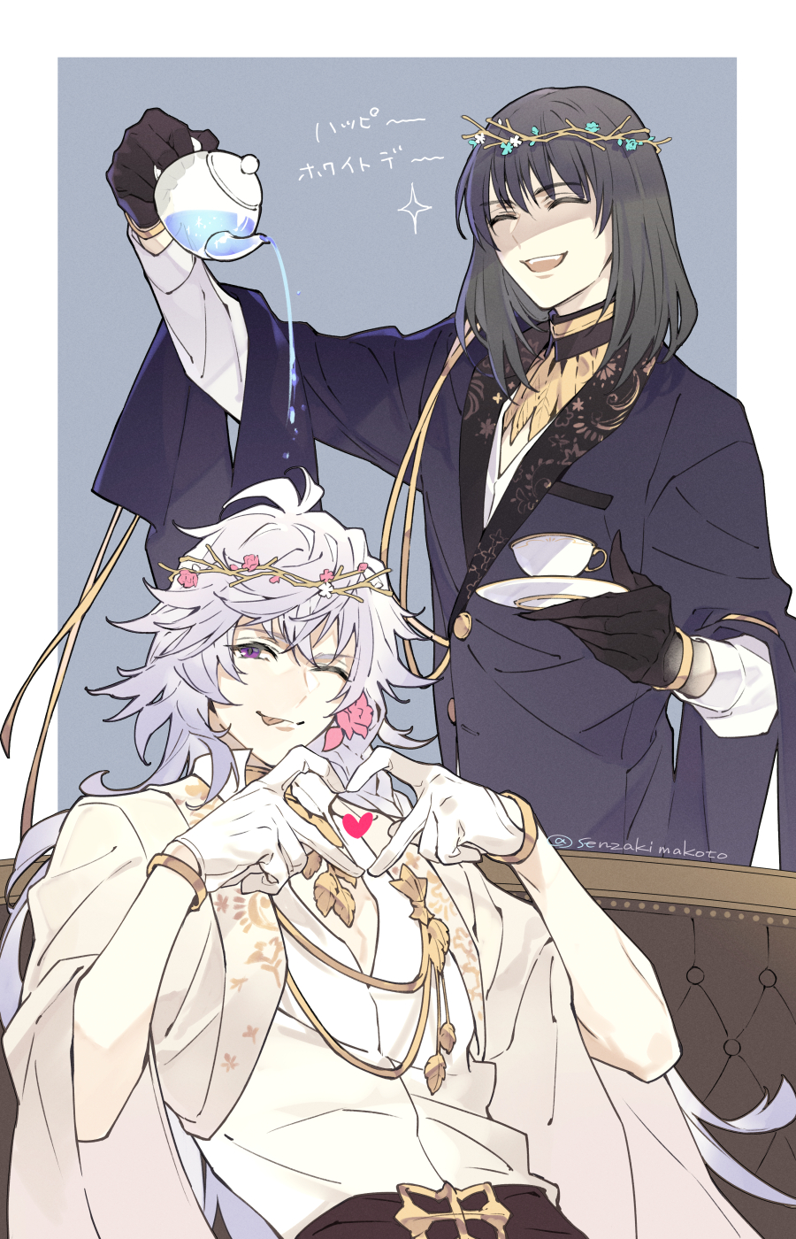 2boys ;p artist_name bangs black_hair braid chair closed_eyes cup false_smile fate/grand_order fate_(series) flower gloves hair_between_eyes heart heart_hands highres holding holding_cup jacket long_hair long_sleeves looking_at_viewer male_focus merlin_(fate) merlin_(overnight_dream)_(fate) multiple_boys oberon_(overnight_dream)_(fate) official_alternate_costume one_eye_closed petals senzaki_makoto shirt sitting sitting_on_object smile sparkle teacup teeth tongue tongue_out twitter_username upper_body upper_teeth white_hair white_shirt wreath