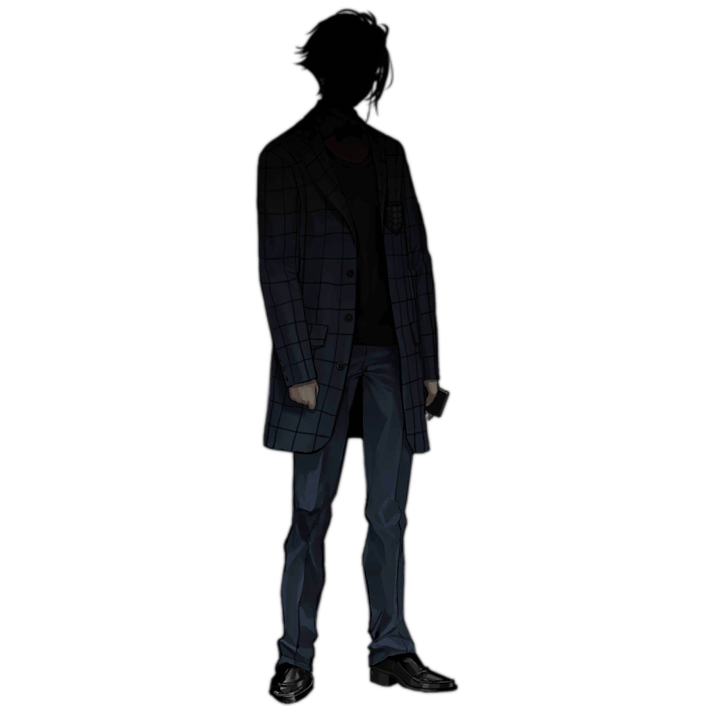 1boy black_footwear black_shirt blue_jacket blue_pants breast_pocket clenched_hand coat covered_face facing_viewer full_body girls_frontline holding jacket long_sleeves male_focus pants plaid_coat pocket shirt shoes solo transparent_background william_(reverse_collapse)