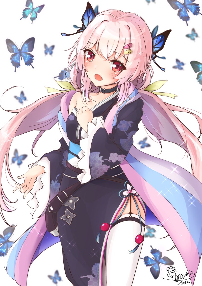 1girl black_collar blue_butterfly blush bug butterfly butterfly_hair_ornament collar eyebrows_visible_through_hair fang hair_ornament igano_mitama indie_virtual_youtuber japanese_clothes mozya obi open_mouth pink_hair red_eyes sash simple_background single_bare_shoulder solo virtual_youtuber white_background white_legwear