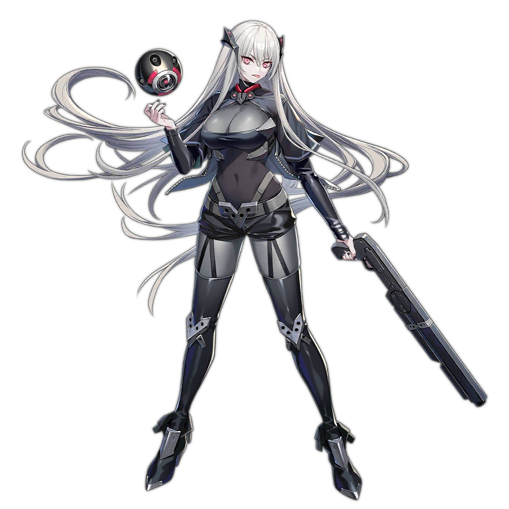1girl :p bangs beak_(girls'_frontline) black_bodysuit black_footwear black_legwear black_shorts bodysuit breasts cleavage_cutout clothing_cutout covered_navel drone eyebrows full_body garter_straps girls_frontline gradient_hair grey_hair gun hair_between_eyes hair_ornament holding holding_gun holding_weapon large_breasts long_hair looking_at_viewer multicolored_hair navel official_art open_hand pale_skin pink_eyes sangvis_ferri shoes shorts solo thigh-highs tongue tongue_out transparent_background v-shaped_eyebrows weapon