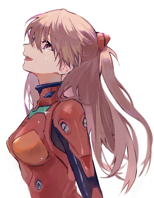 1girl bangs bodysuit crying crying_with_eyes_open dango_(uni_520) eyebrows_visible_through_hair from_side hair_between_eyes interface_headset long_hair looking_up neon_genesis_evangelion open_mouth orange_hair plugsuit red_bodysuit red_eyes simple_background smile solo souryuu_asuka_langley sparkle tears upper_body white_background
