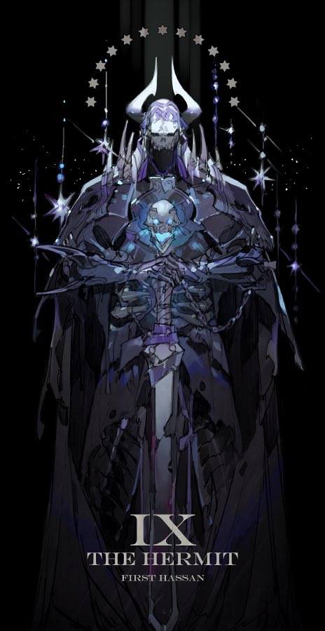 1boy armor background_text black_cloak character_name cloak english_commentary fate/grand_order fate_(series) full_armor glowing glowing_eyes hair_ornament hair_scrunchie hands_on_hilt hexagram holding holding_sword holding_weapon horns king_hassan_(fate) male_focus mask scrunchie skull skull_mask solo sparkle spikes star_(symbol) star_of_david starshadowmagician sword tarot tarot_arcana weapon