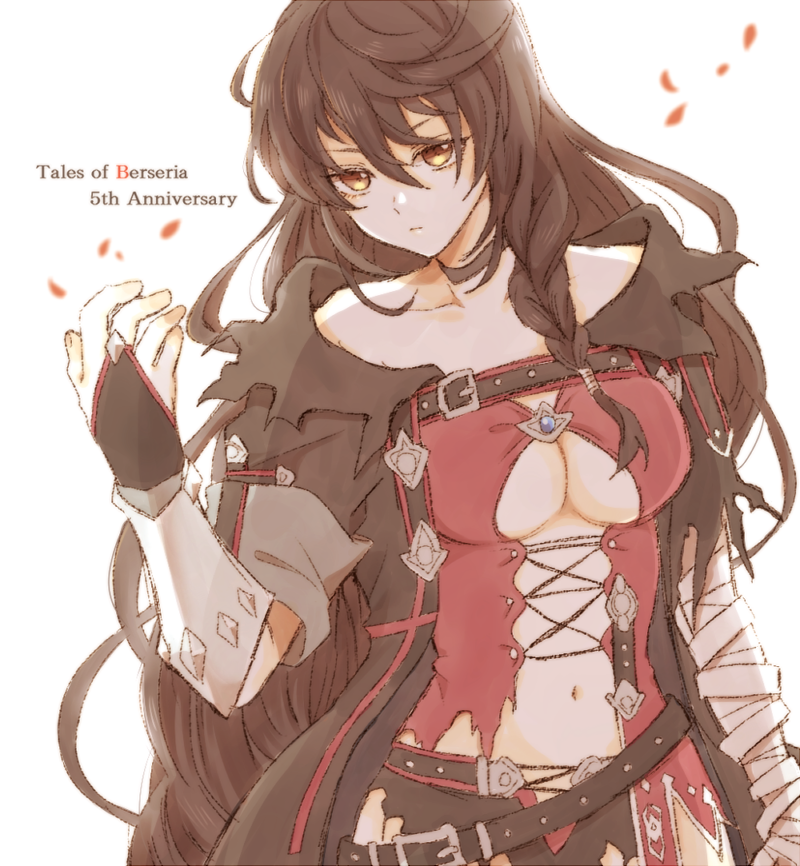 10mato6 1girl anniversary bandaged_arm bandages bangs belt black_choker black_hair braid breasts choker closed_mouth collarbone expressionless hair_between_eyes long_hair looking_at_viewer navel red_shirt shirt solo tales_of_(series) tales_of_berseria torn_clothes under_boob upper_body velvet_crowe very_long_hair white_background yellow_eyes