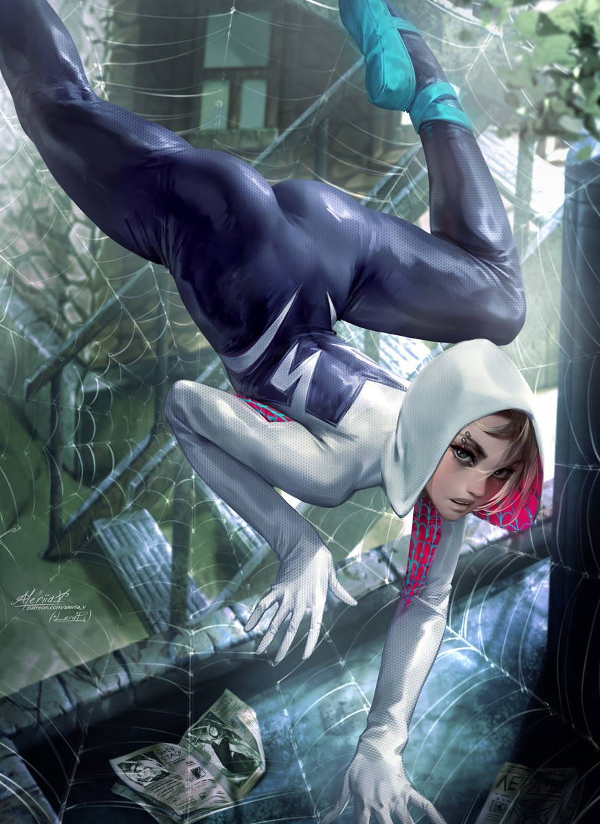 1girl ass ballet_slippers blonde_hair blurry blurry_background bodysuit eyebrow_piercing gwen_stacy highres hood hood_up hooded_bodysuit lera_pi looking_at_viewer marvel newspaper parted_lips piercing silk solo spider-gwen spider-man:_into_the_spider-verse spider-man_(series) spider_web spider_web_print stairs upside-down window