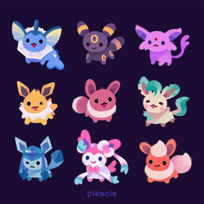 :&lt; animal animal_focus artist_name black_eyes blue_eyes bow closed_mouth commentary eevee espeon fins flareon frown glaceon jolteon leafeon looking_at_viewer no_humans open_mouth pikaole pokemon pokemon_(creature) purple_background red_eyes simple_background smile solid_circle_eyes standing sylveon umbreon vaporeon watermark