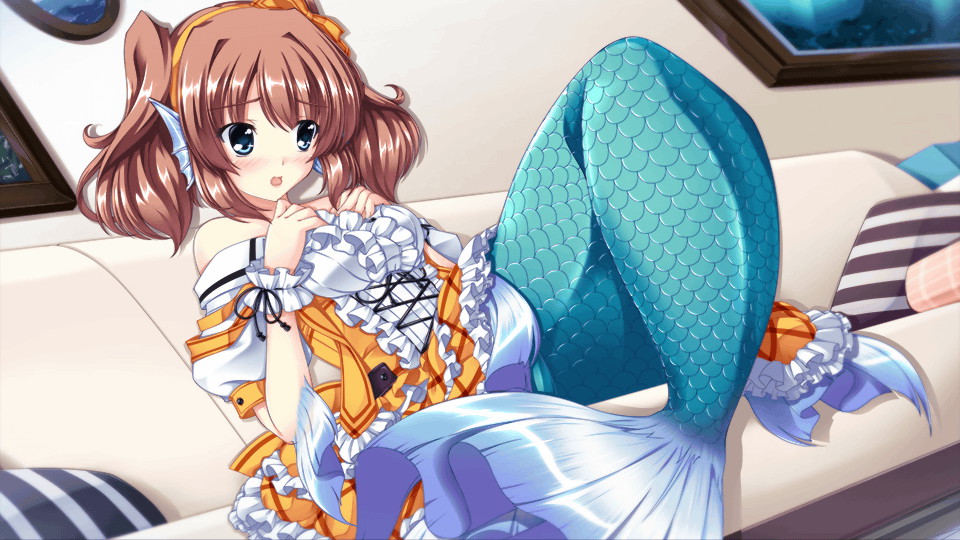 1girl artist_request blue_eyes blush brown_hair couch eyebrows_visible_through_hair game_cg head_fins looking_away medium_hair mermaid monster_girl monster_musume_no_iru_nichijou monster_musume_no_iru_nichijou_online official_art on_couch open_mouth pillow rui_(monster_musume) solo