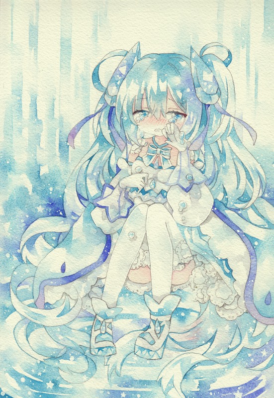 1girl blue_bow blue_eyes blue_hair blue_theme blush bow crying crying_with_eyes_open dress hand_on_own_face hatsune_miku long_hair moyo_(k1rakira) painting_(medium) puffy_sleeves simple_background tears thigh-highs traditional_media twintails very_long_hair vocaloid watercolor_(medium) white_legwear zettai_ryouiki