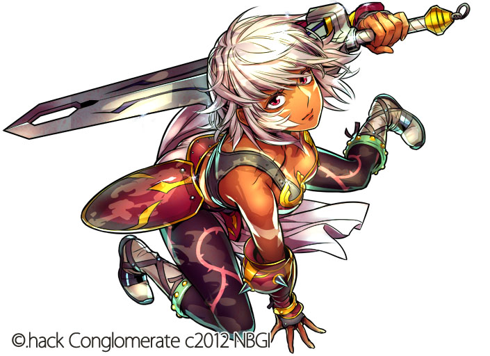 .hack// .hack//games 1girl armor bikini_armor black_rose_(.hack//) breasts closed_mouth dark-skinned_female dark_skin facial_mark full_body guilty_dragon looking_at_viewer menskan official_art pantyhose red_eyes short_hair simple_background solo sword tattoo weapon white_background