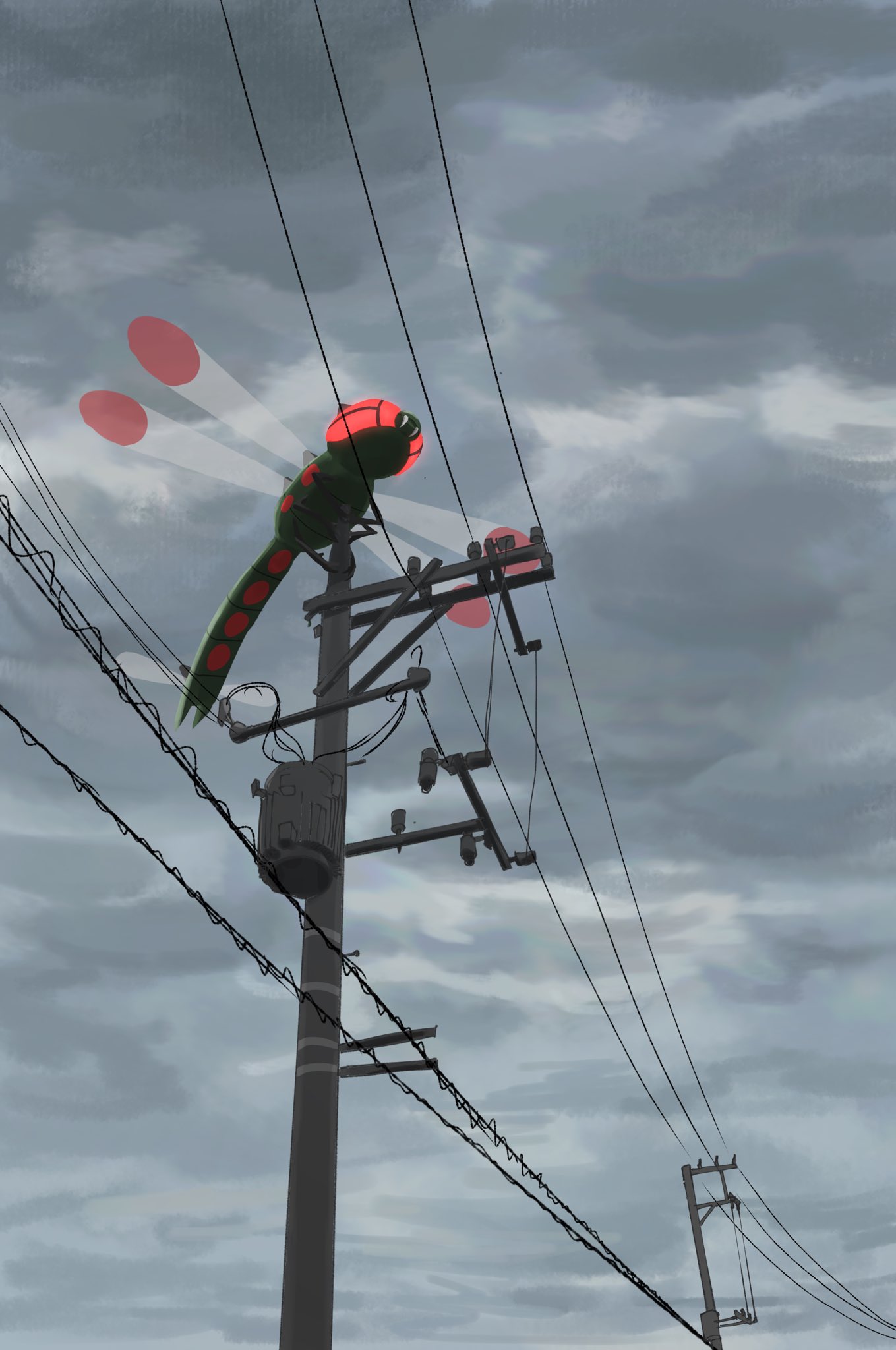 animal_focus bug clouds cloudy_sky commentary_request from_below futena_goze highres no_humans outdoors pokemon pokemon_(creature) power_lines sky solo tusks utility_pole yanmega