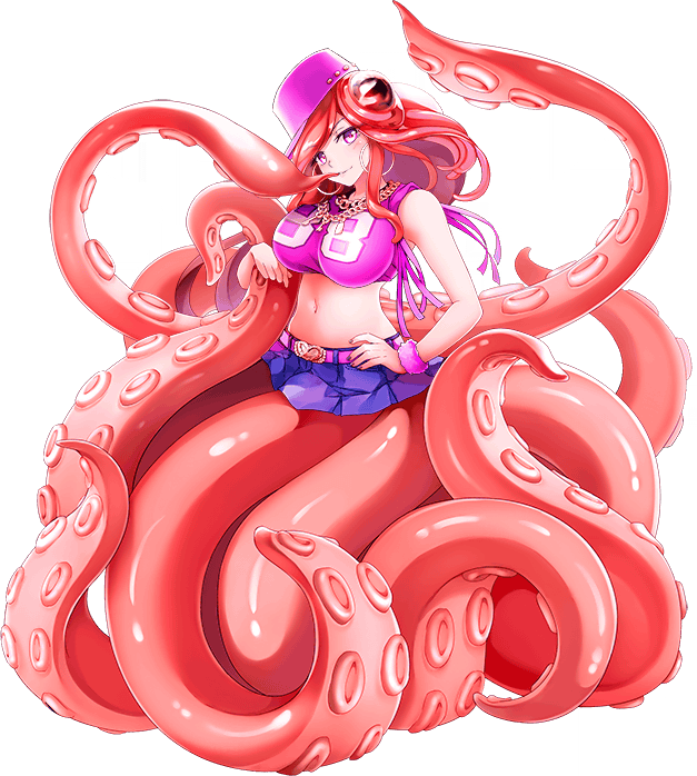 1girl artist_request breasts extra_eyes full_body kura_(monster_musume) large_breasts long_hair midriff miniskirt monster_girl monster_musume_no_iru_nichijou monster_musume_no_iru_nichijou_online navel official_art pink_eyes pink_headwear redhead scylla skirt solo tank_top tentacles transparent_background