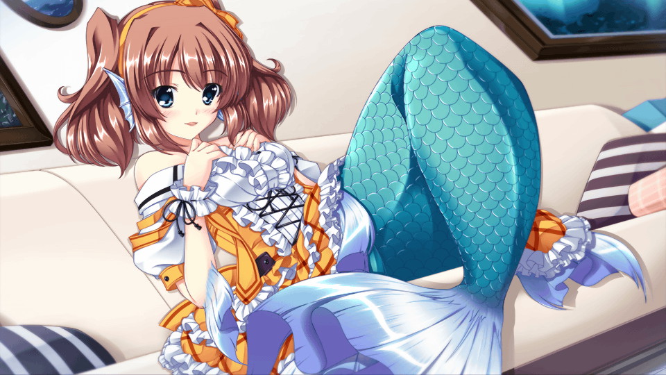 1girl artist_request blue_eyes blush brown_hair couch eyebrows_visible_through_hair game_cg head_fins looking_at_viewer medium_hair mermaid monster_girl monster_musume_no_iru_nichijou monster_musume_no_iru_nichijou_online official_art on_couch open_mouth pillow rui_(monster_musume) solo