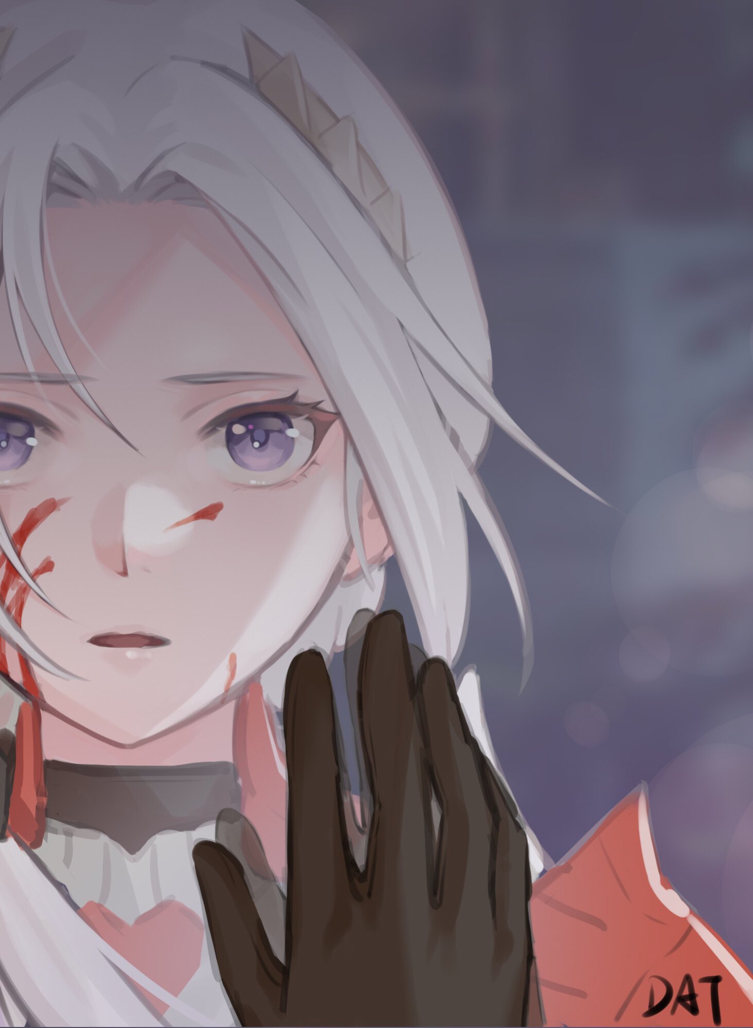 1girl black_gloves blood blood_on_face commentary da-cart edelgard_von_hresvelg fire_emblem fire_emblem:_three_houses fire_emblem_warriors:_three_hopes forehead gloves highres looking_at_viewer mirror parted_lips portrait short_hair silver_hair solo violet_eyes