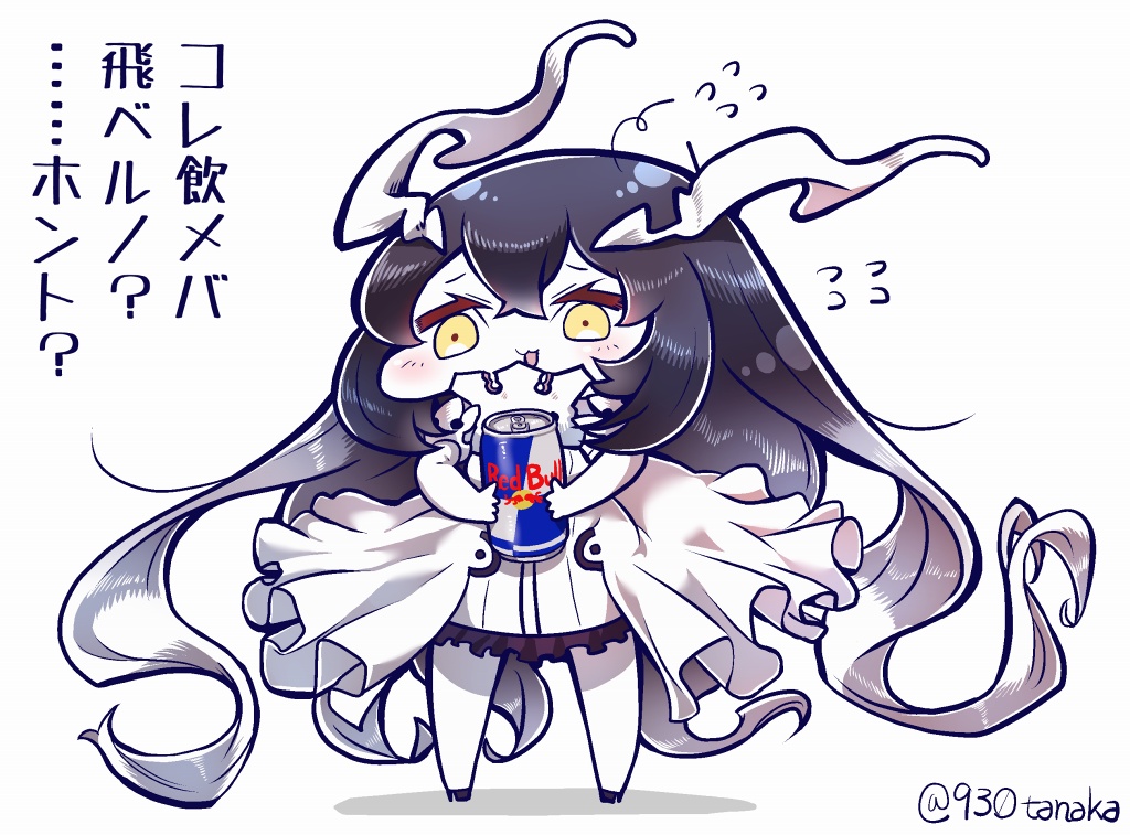 1girl :3 abyssal_ship anchorage_water_oni black_hair can chibi dress drink flying_sweatdrops gradient_hair horns kantai_collection long_hair multicolored_hair overskirt red_bull solo tanaka_kusao translated twitter_username very_long_hair white_hair yellow_eyes