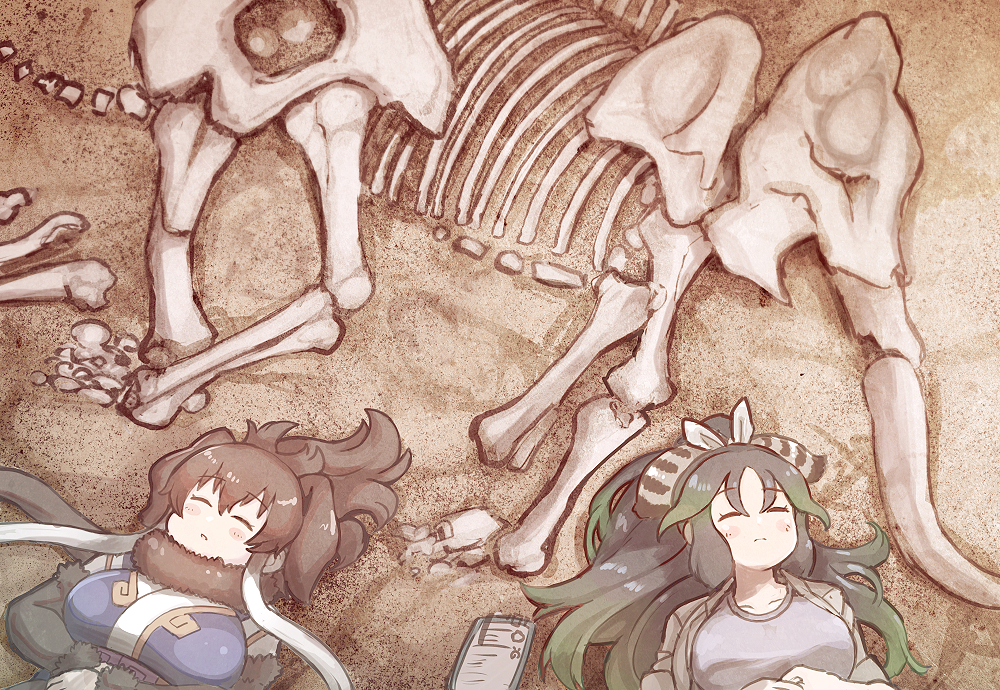 2girls black_hair brown_hair closed_eyes coat detached_sleeves eyebrows_visible_through_hair fossil from_above fur-trimmed_sleeves fur_scarf fur_trim green_hair hair_ornament kako_(kemono_friends) kemono_friends long_hair lying mammoth_(kemono_friends) multicolored_hair multiple_girls on_back scarf shirt skeleton sleeping tanaka_kusao two-tone_hair upper_body