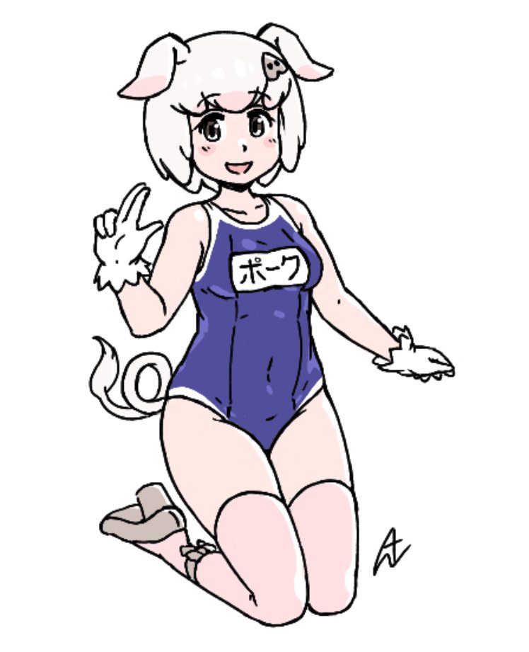 1girl acesrulez adapted_costume animal_ears bare_shoulders blue_swimsuit blush collarbone commentary_request eyebrows_visible_through_hair gloves grey_eyes kemono_friends kneeling name_tag one-piece_swimsuit pig_(kemono_friends) pig_ears pig_girl pig_nose pig_tail pink_hair pink_legwear school_swimsuit short_hair sleeveless solo swimsuit tail thigh-highs white_gloves zettai_ryouiki
