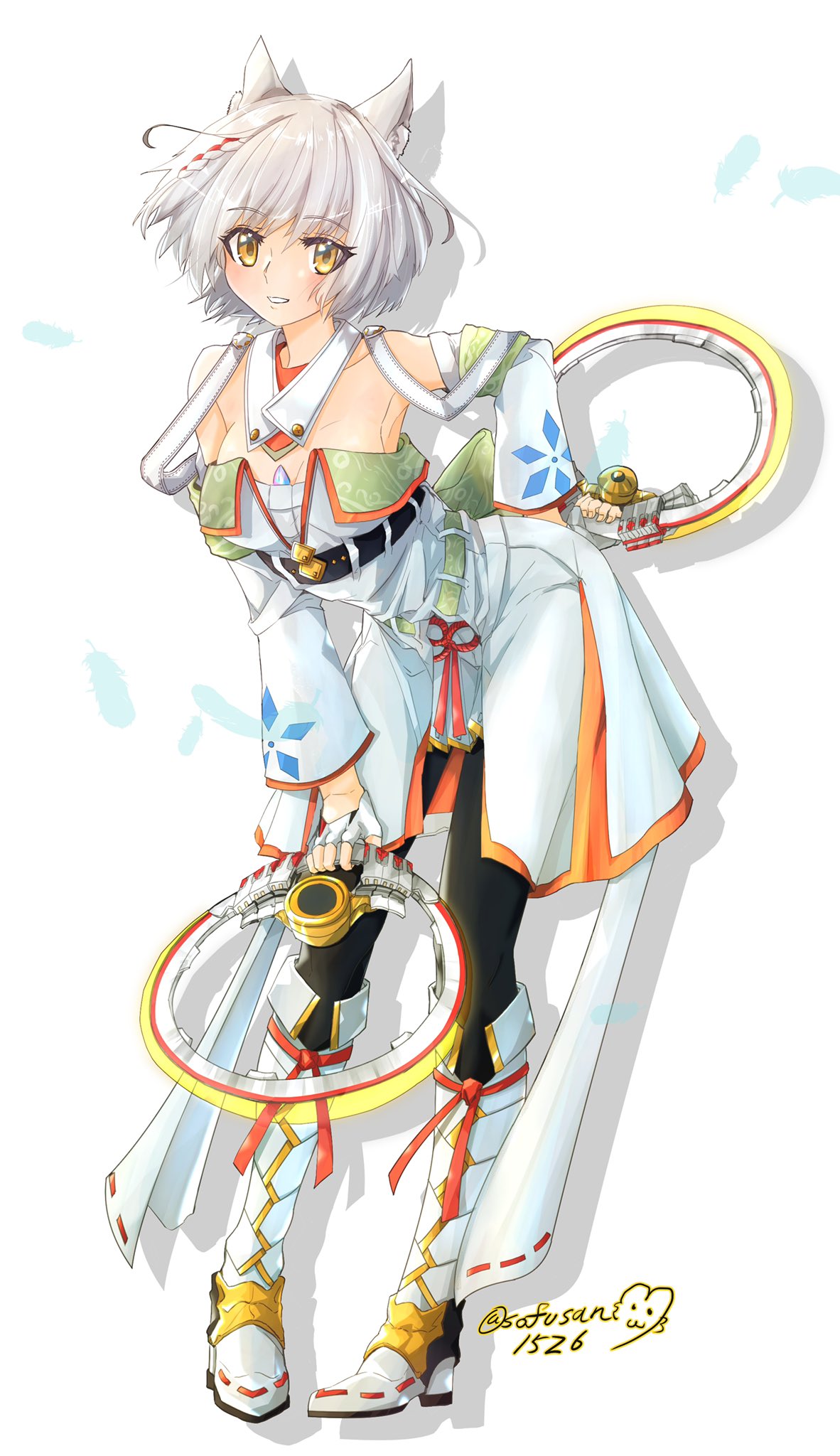 animal_ears camisole cat_ears cat_girl chakram chest_jewel drawing highres jacket leggings mio_(xenoblade) shoulder_strap sofusan1526 solo tank_top weapon white_camisole white_hair white_jacket white_tank_top xenoblade_chronicles_(series) xenoblade_chronicles_3