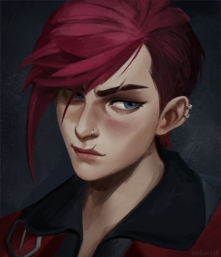 1girl arcane:_league_of_legends arcane_vi artist_name bangs black_background earrings green_eyes jacket jewelry league_of_legends looking_at_viewer mel_(meiioreth) nose_piercing piercing portrait red_jacket redhead scar scar_on_face scar_on_mouth short_hair sidecut solo vi_(league_of_legends)