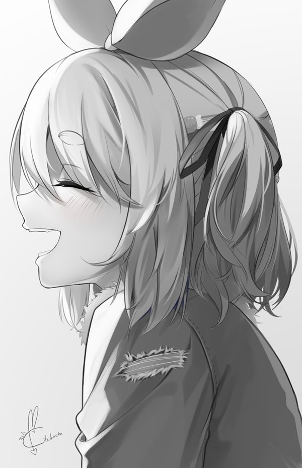 1girl :d bangs blush closed_eyes eyebrows_visible_through_hair from_side greyscale hair_ribbon hololive kito_koruta medium_hair monochrome official_alternate_costume one_side_up profile ribbon short_eyebrows signature simple_background smile solo thick_eyebrows upper_body usada_pekora virtual_youtuber
