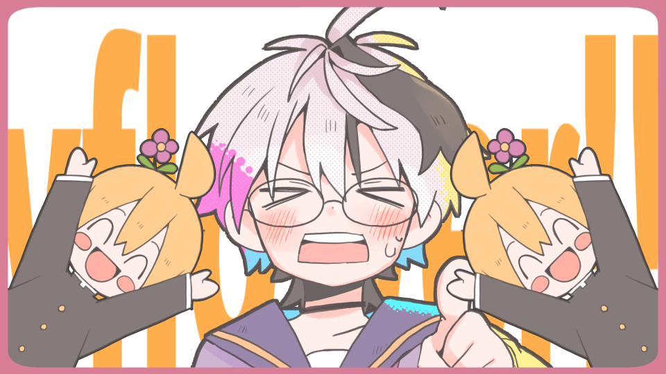 &gt;_&lt; 1girl 2boys :d ^_^ arms_up bespectacled black_hair black_shirt blush blush_stickers character_name clone closed_eyes collar collared_shirt flower_(vocaloid) gakuran glasses kagamine_len multicolored_hair multiple_boys open_mouth outstretched_arms pointing pointing_at_viewer purple_collar purple_hair sailor_collar school_uniform shirt short_hair smile streaked_hair sweat t705gp upper_body v-shaped_eyebrows v_flower_(vocaloid4) vocaloid white_background