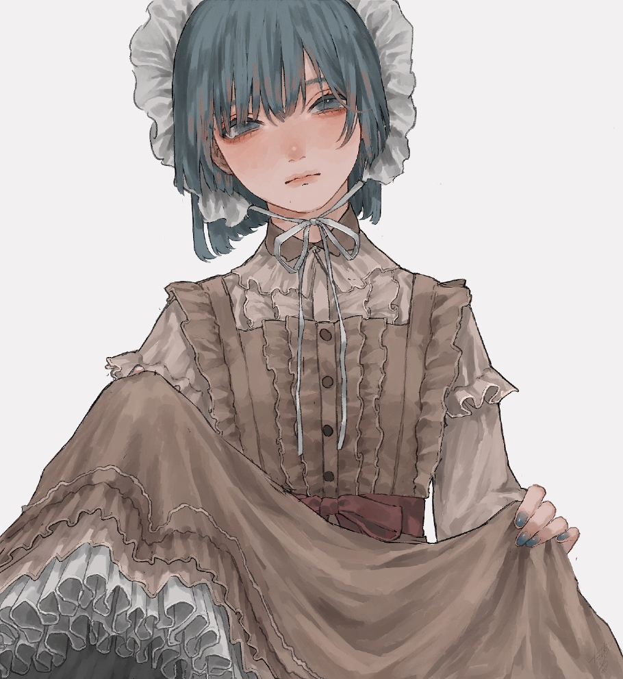 1girl blue_eyes blue_hair blue_nails brown_dress chin_strap closed_mouth clothes_lift commentary dress frilled_dress frills grey_background long_sleeves looking_at_viewer maid_headdress original petticoat pinafore_dress short_hair simple_background skirt skirt_lift solo tayumeru upper_body white_skirt