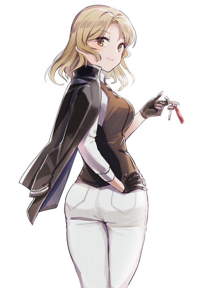 1girl black_gloves black_jacket black_vest blonde_hair blush closed_mouth eyebrows_visible_through_hair gloves holding holding_key houston_(kancolle) jacket jacket_on_shoulders kantai_collection key long_sleeves one-hour_drawing_challenge pants shirt short_hair simple_background smile solo vest white_background white_pants white_shirt yamashichi_(mtseven) yellow_eyes