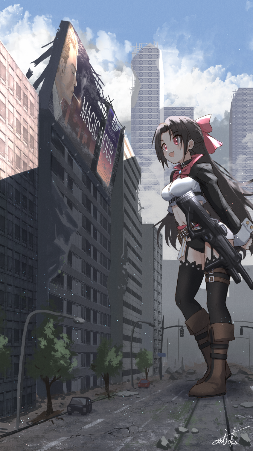 1girl :d bangs beretta_cx4 black_hair black_legwear black_panties blue_sky boots bow breasts brown_footwear building clouds cloudy_sky commentary_request crop_top cx4_storm_(girls'_frontline) day eyebrows_visible_through_hair fang garter_straps giant giantess girls_frontline hair_bow highres juliet_sleeves long_hair long_sleeves medium_breasts navel object_namesake outdoors panties parted_bangs puffy_sleeves red_bow red_eyes running shirt shrug_(clothing) signature sky skyscraper sleeves_past_wrists smile solo thigh-highs thighhighs_under_boots traffic_light tree umiroku underwear very_long_hair white_shirt