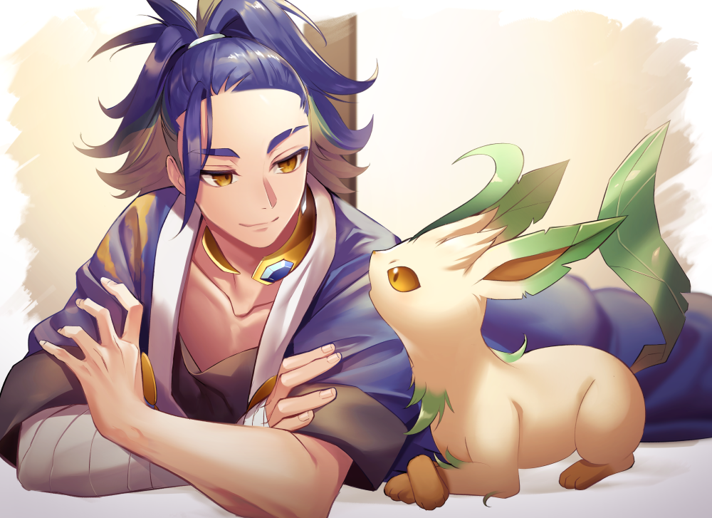 1boy adaman_(pokemon) arm_wrap blonde_hair brown_eyes closed_mouth coat collar collarbone commentary_request crossed_arms eye_contact eyebrow_cut leafeon looking_at_another lying male_focus multicolored_hair omochimochi on_stomach pokemon pokemon_(creature) pokemon_(game) pokemon_legends:_arceus purple_hair smile