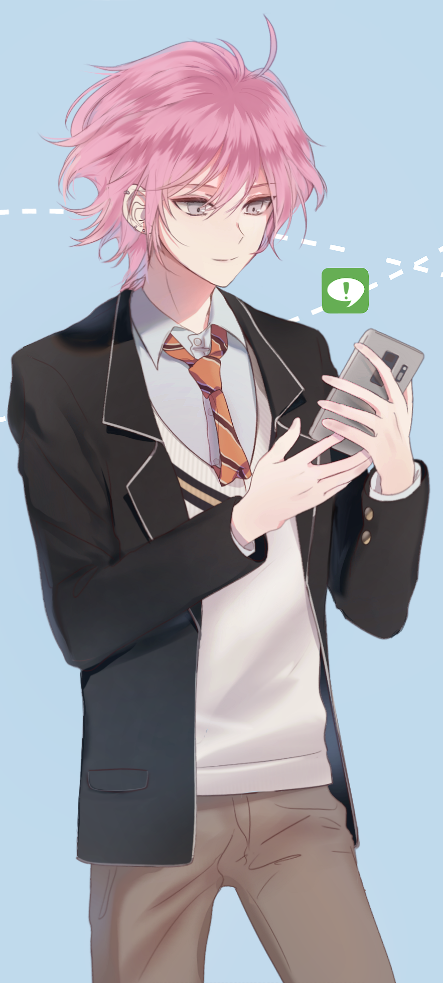 ! 1boy black_suit blue_background dear_vocalist grey_hair highres holding holding_phone long_sleeves looking_at_phone looking_down male_focus necktie pale_skin phone pink_hair ptping re-o-do shirt solo text_messaging white_shirt