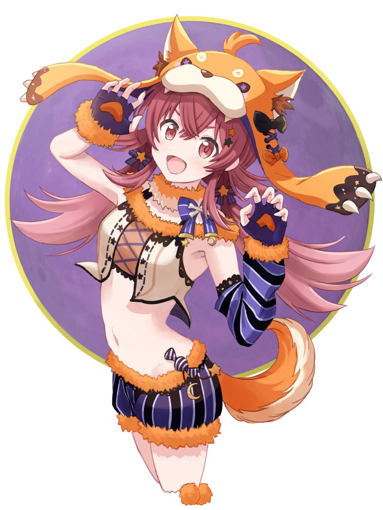 animal_ears animal_hood armpits belly bow breasts claw_pose commentary_request crop_top detached_sleeves dog_ears dog_hood dog_tail fingerless_gloves fur_choker fur_trim gao gloves hair_between_eyes hair_ornament hood idolmaster idolmaster_shiny_colors komiya_kaho light_blush long_hair looking_at_viewer medium_breasts navel puffy_shorts red_eyes redhead ribbon-trimmed_clothes ribbon_trim shokupan_(qjejp) shorts simple_background smile solo star_(symbol) star_hair_ornament striped tail thighs twintails v-shaped_eyebrows