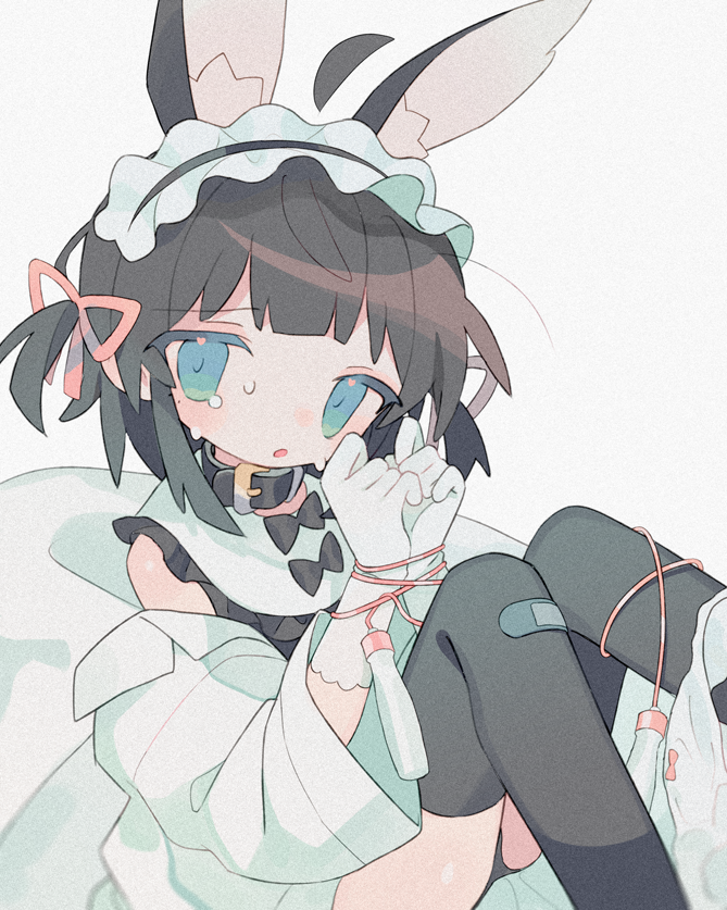 1girl :o ahoge animal_collar animal_ear_fluff animal_ears aqua_eyes bandaid bandaid_on_knee bandaid_on_leg bangs bare_shoulders black_bow black_collar black_hair black_hairband black_legwear blue_eyes blunt_bangs blurry bound bound_wrists bow bow_panties buckle clenched_hands clothes_down coat collar daizu_(melon-lemon) depth_of_field detached_ahoge entangled extra_ears eyes_visible_through_hair fake_animal_ears feet_out_of_frame film_grain frilled_hairband frills from_side furrowed_brow gloves gradient_eyes hair_ribbon hairband hands_up heart heart_in_eye jump_rope knees_together_feet_apart knees_up labcoat lolita_hairband long_sleeves looking_at_viewer looking_to_the_side multicolored_eyes muted_color nervous no_nose open_clothes open_coat original own_hands_together panties panties_around_one_leg panties_removed parted_lips pink_bow pink_ribbon rabbit_ears ribbon short_hair simple_background single_tear sitting sleeveless solo sweat symbol_in_eye tearing_up thick_eyelashes thigh-highs two_side_up underwear white_background white_coat white_gloves white_panties wide_sleeves