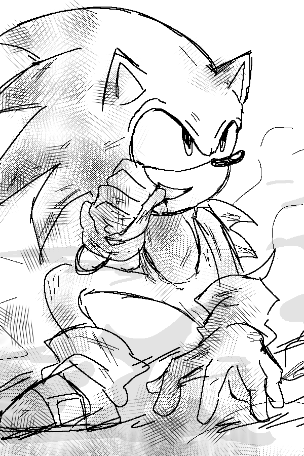 1boy commentary crosshatching fighting_stance furry furry_male gloves gomiisan greyscale hatching_(texture) hedgehog male_focus monochrome non-web_source open_mouth rodent shoes sketch smile smoke sneakers solo sonic_(series) sonic_the_hedgehog tail