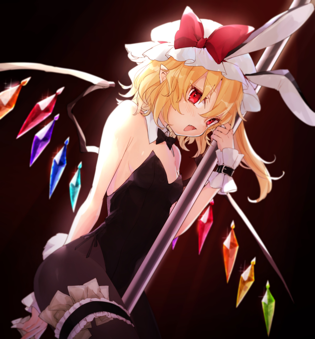 1girl animal_ears bangs black_background black_bow black_bowtie bow bowtie breasts crystal detached_collar flandre_scarlet hat hat_bow honotai leg_strap looking_at_viewer medium_hair mob_cap money money_tuck one_side_up open_mouth playboy_bunny pointy_ears pole rabbit_ears rabbit_tail red_bow red_eyes simple_background small_breasts smile solo tail touhou white_headwear wings wrist_cuffs