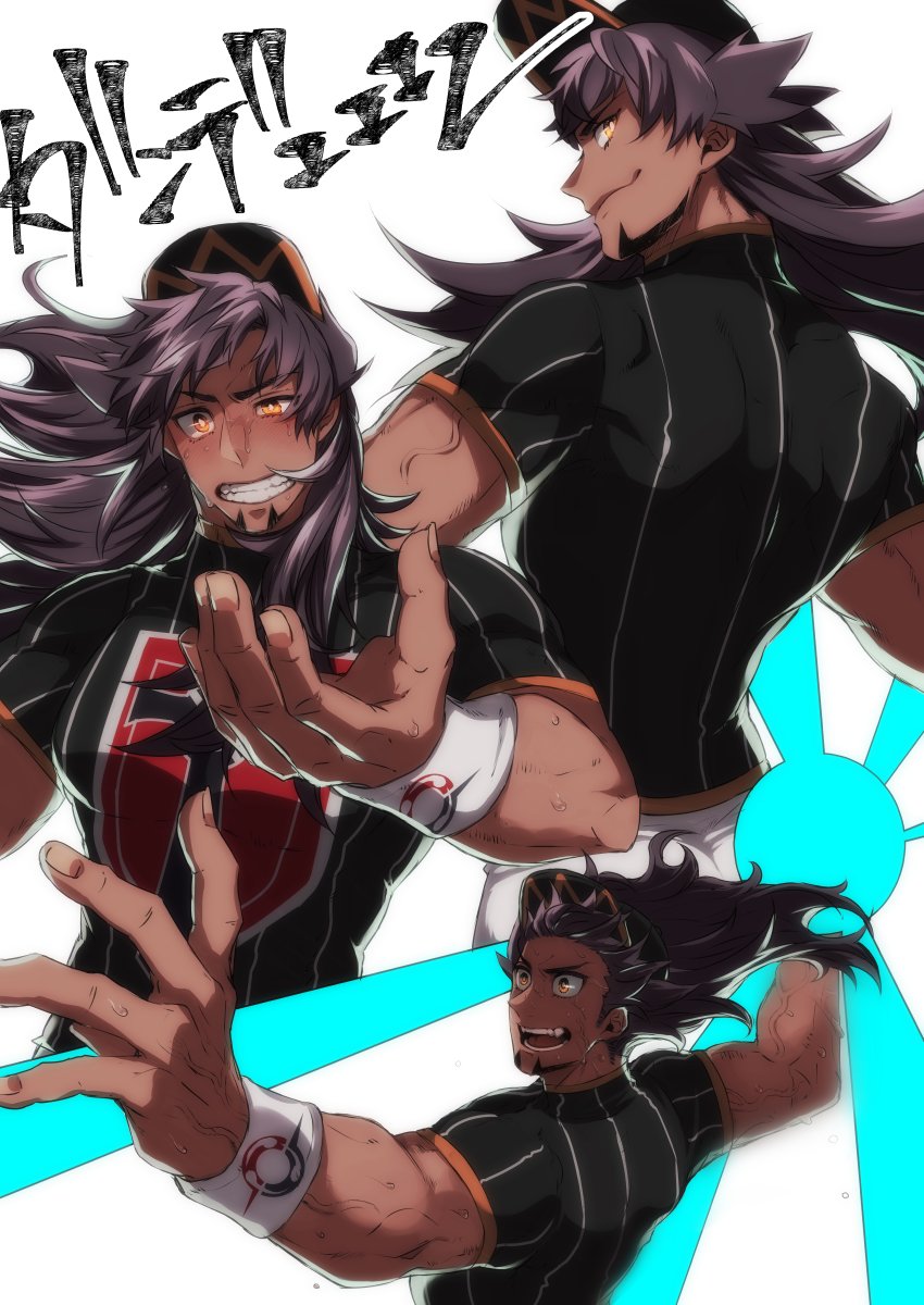 1boy bangs baseball_cap blush bright_pupils champion_uniform closed_mouth commentary_request dark-skinned_male dark_skin facial_hair grin hat highres leon_(pokemon) long_hair male_focus multiple_views open_mouth pokemon pokemon_(game) pokemon_swsh purple_hair shield_print shirt short_sleeves smile sweat sword_print teeth tongue tori_(kakitsubata0510) veins white_pupils yellow_eyes