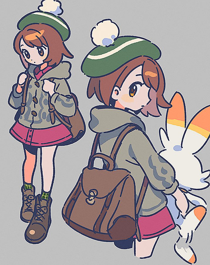 1girl backpack bag blush bob_cut boots brown_bag brown_eyes brown_footwear brown_hair buttons cardigan closed_mouth collared_dress dress gloria_(pokemon) green_headwear green_legwear grey_background grey_cardigan hat holding holding_pokemon holding_strap hooded_cardigan jen_(aaasylum) multiple_views pink_dress plaid plaid_legwear pokemon pokemon_(creature) pokemon_(game) pokemon_swsh scorbunny short_hair simple_background socks standing tam_o'_shanter