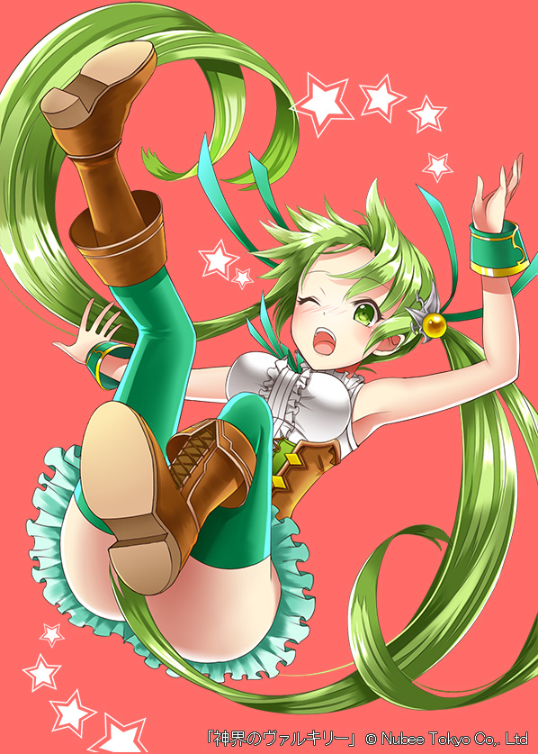 1girl armpits ass boots breasts brown_footwear copyright_name falling forehead green_eyes green_hair green_legwear hair_censor long_hair official_art one_eye_closed open_mouth red_background shinkai_no_valkyrie simple_background sleeveless solo star_(symbol) thigh-highs twintails very_long_hair yoshino35