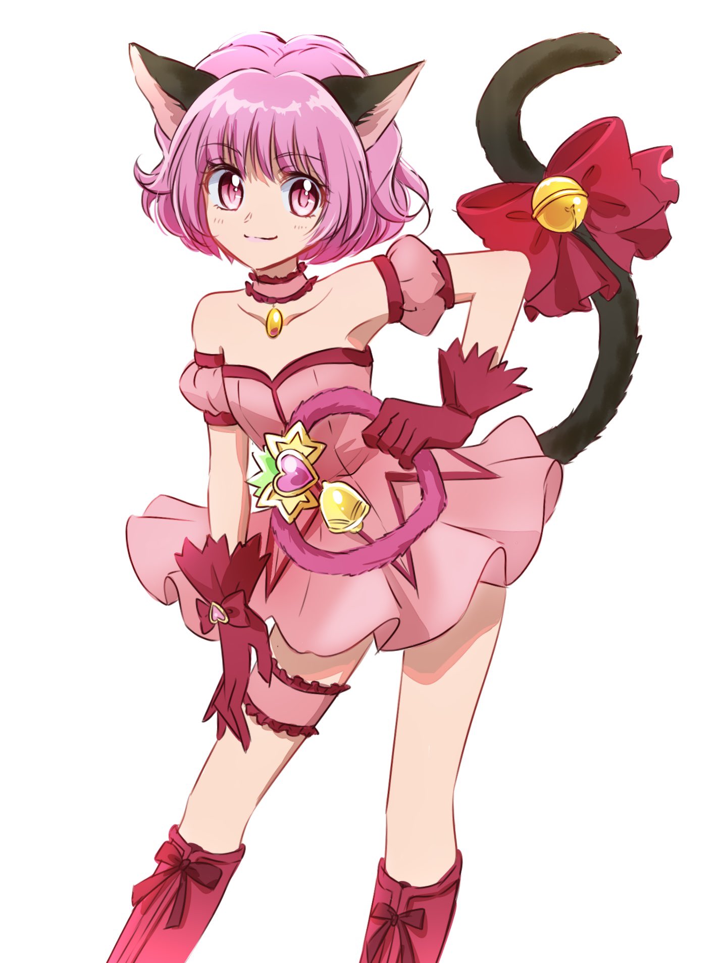 1girl animal_ears bangs bare_shoulders bell boots cat_ears cat_girl cat_tail choker commentary_request detached_sleeves dress eyebrows_visible_through_hair fpminnie1 frilled_dress frills gloves hair_between_eyes happy highres jingle_bell knee_boots looking_at_viewer magical_girl mew_ichigo momomiya_ichigo pink_choker pink_dress pink_eyes pink_hair pink_theme red_gloves red_ribbon ribbon short_sleeves simple_background sketch smile solo standing strapless strapless_dress tail tail_bell tail_ornament tail_raised tail_ribbon tokyo_mew_mew white_background