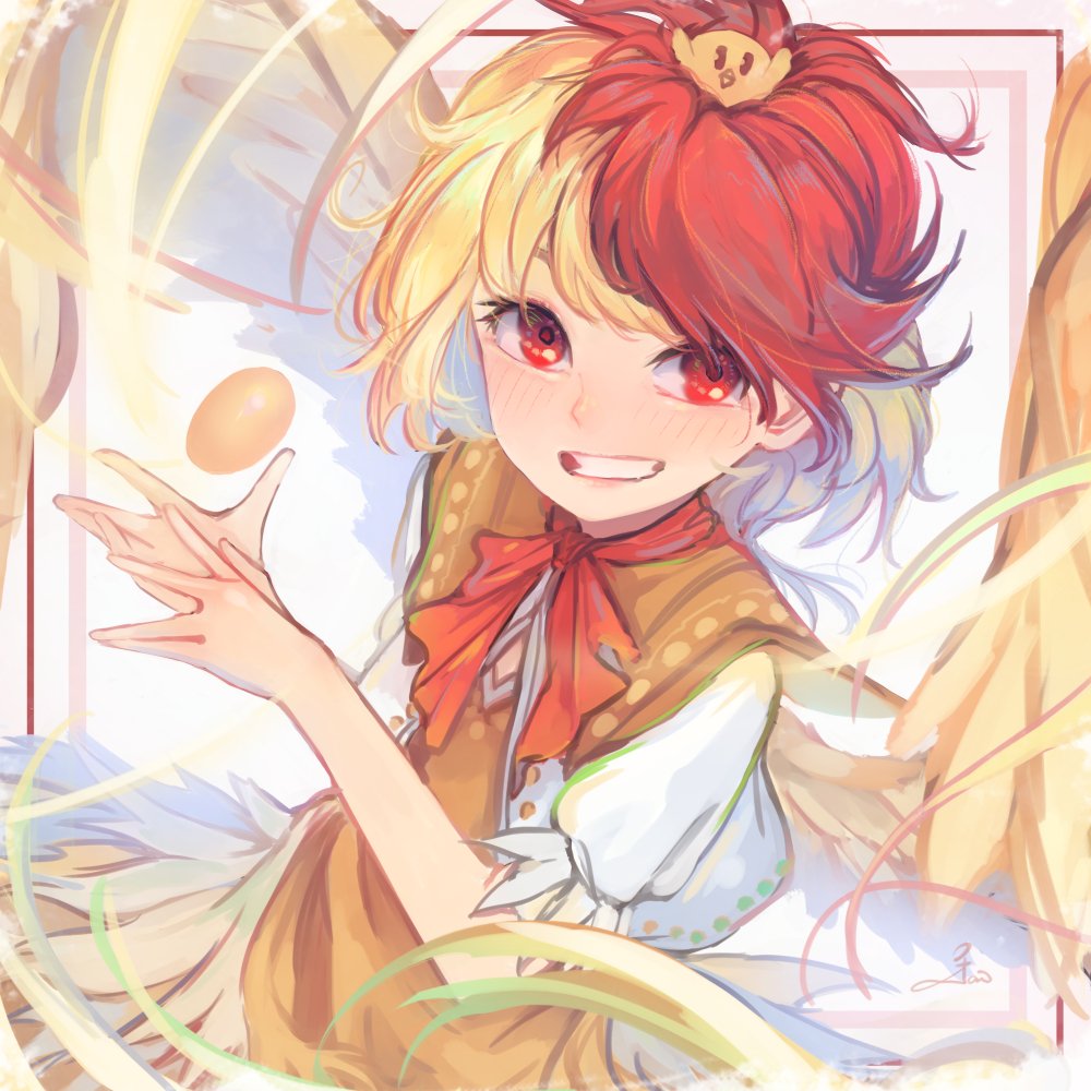 1girl animal_on_head bird bird_on_head bird_tail bird_wings blonde_hair blush chick chicken cyasha dress egg feathered_wings grin multicolored_hair niwatari_kutaka on_head orange_dress puffy_short_sleeves puffy_sleeves red_eyes red_neckwear red_ribbon redhead ribbon shirt short_hair short_sleeves smile tail tail_feathers touhou two-tone_hair upper_body white_shirt wings yellow_wings