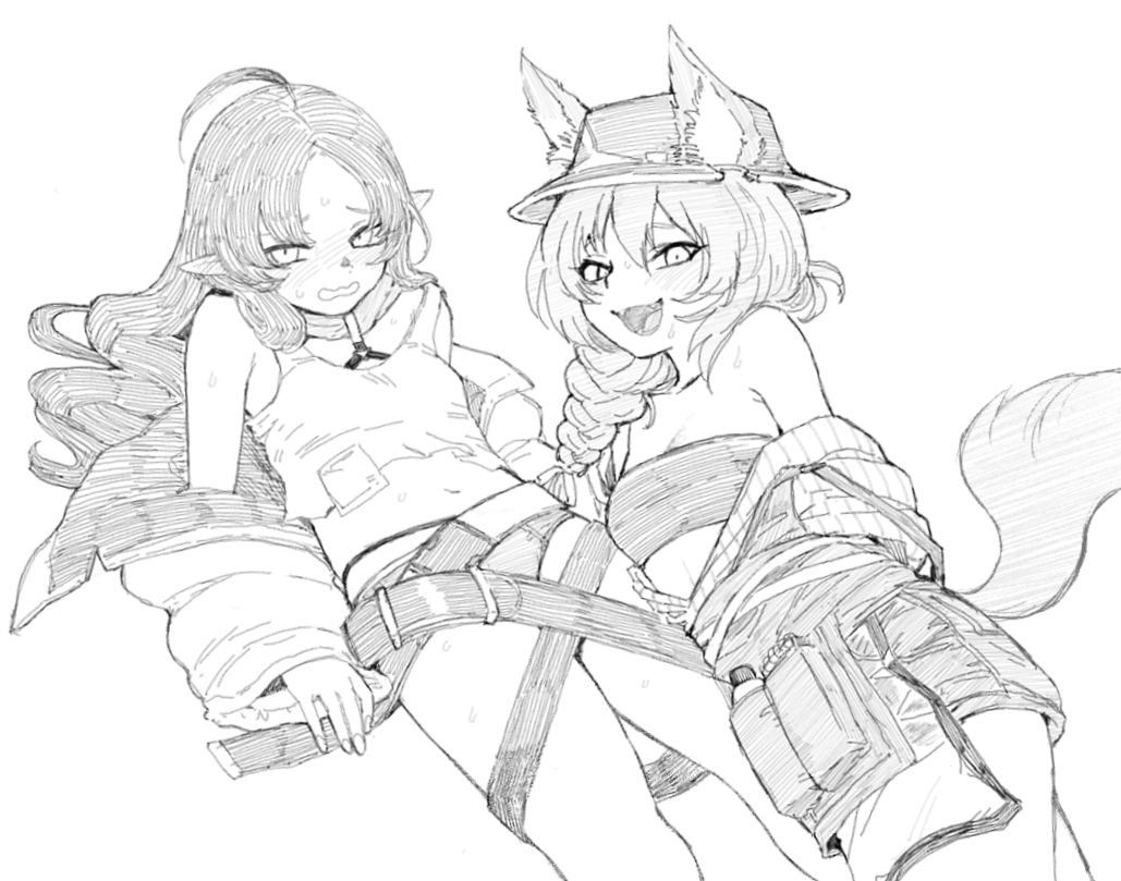 2girls :d ahoge arknights bare_shoulders beanstalk_(arknights) braid breasts clothes_pull crop_top ears_through_headwear fangs feet haiokumantan hair_between_eyes hat hyena_ears hyena_girl hyena_tail id_card long_hair looking_at_viewer lying midriff multiple_girls myrtle_(arknights) navel no_pants off_shoulder on_back on_side open_mouth panties pointy_ears shirt_pull simple_background small_breasts smile strapless sweat tube_top underwear wavy_hair wavy_mouth white_background