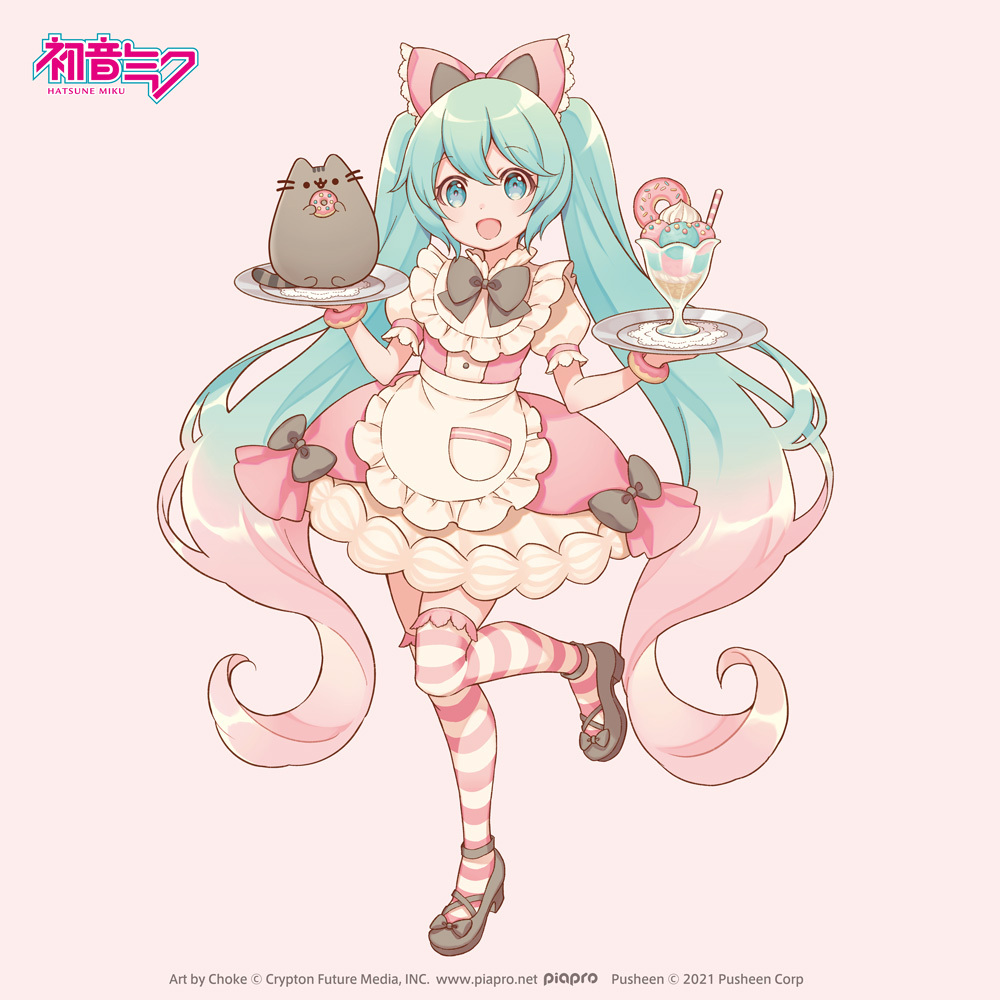 apron aqua_hair artist_name bow bracelet cat choke_(amamarin) clothing_request company_name copyright_name crossover crypton_future_media doughnut dress food gradient_hair hair_bow hatsune_miku holding holding_food holding_tray jewelry lace-trimmed_legwear lace_trim long_hair multicolored_hair official_art parfait piapro pink_background pink_dress pink_hair pusheen_the_cat pusheen_the_cat_(series) simple_background striped striped_legwear thigh-highs tray twintails very_long_hair vocaloid waitress zettai_ryouiki