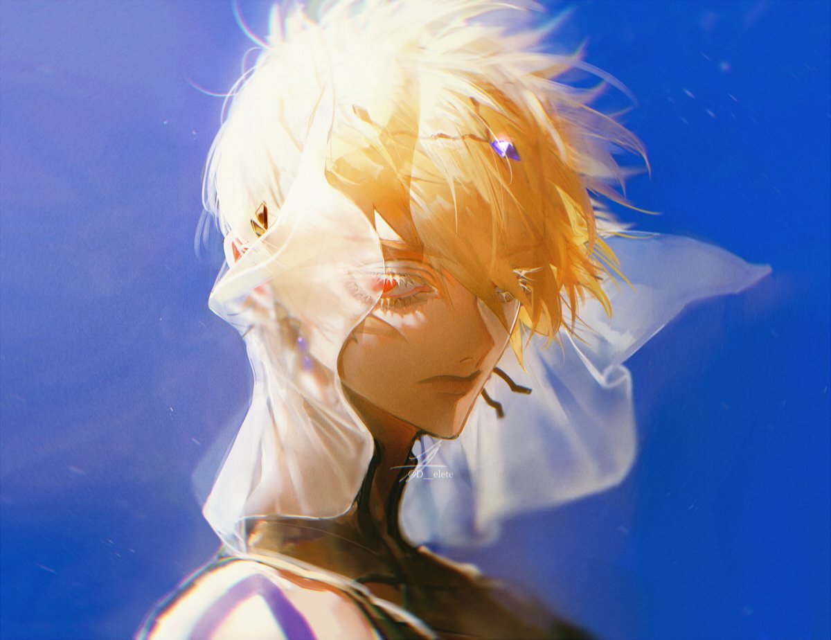 1boy :| arabian_clothes arm_tattoo au_(d_elite) bangs blonde_hair blue_background closed_mouth colored_eyelashes earrings expressionless eyebrows_visible_through_hair eyelashes face fate/grand_order fate_(series) gilgamesh_(caster)_(fate) gilgamesh_(fate) jewelry looking_at_viewer looking_to_the_side male_focus red_eyes short_hair signature solo tattoo thick_eyelashes twitter_username