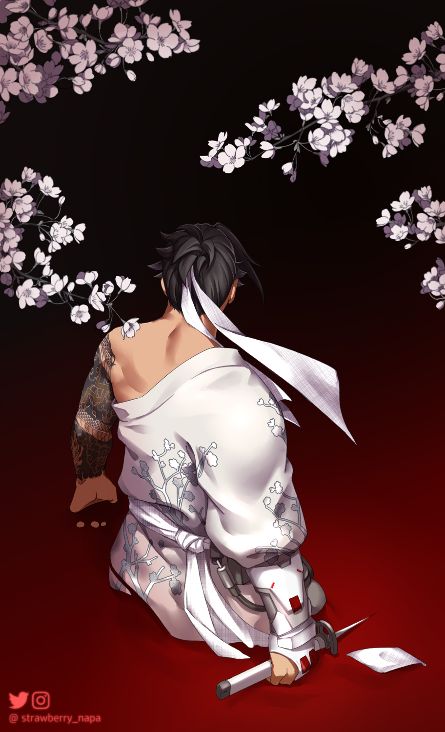 1boy black_hair cherry_blossoms commentary flower hanzo_(overwatch) highres holding holding_sword holding_weapon japanese_clothes kimono long_hair male_focus overwatch ponytail solo strawberry_napa sword tattoo weapon