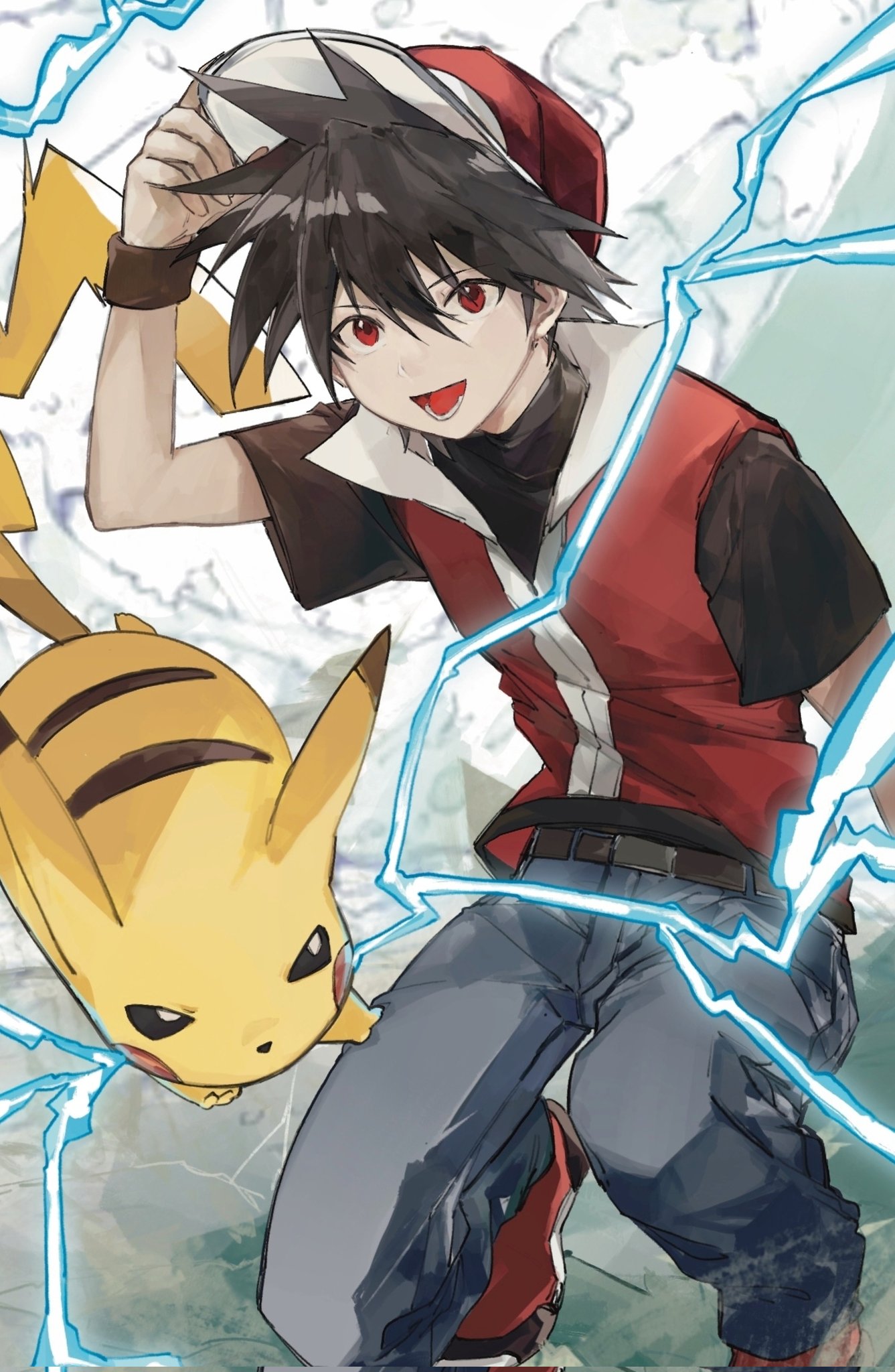 1boy baseball_cap black_hair electricity hat highres jacket looking_at_viewer male_focus open_mouth pants pikachu pokemon pokemon_(creature) pokemon_(game) pokemon_adventures red_(pokemon) red_eyes red_headwear red_jacket sakanobo_(sushi1021) shirt short_hair simple_background smile spiky_hair symbol-only_commentary