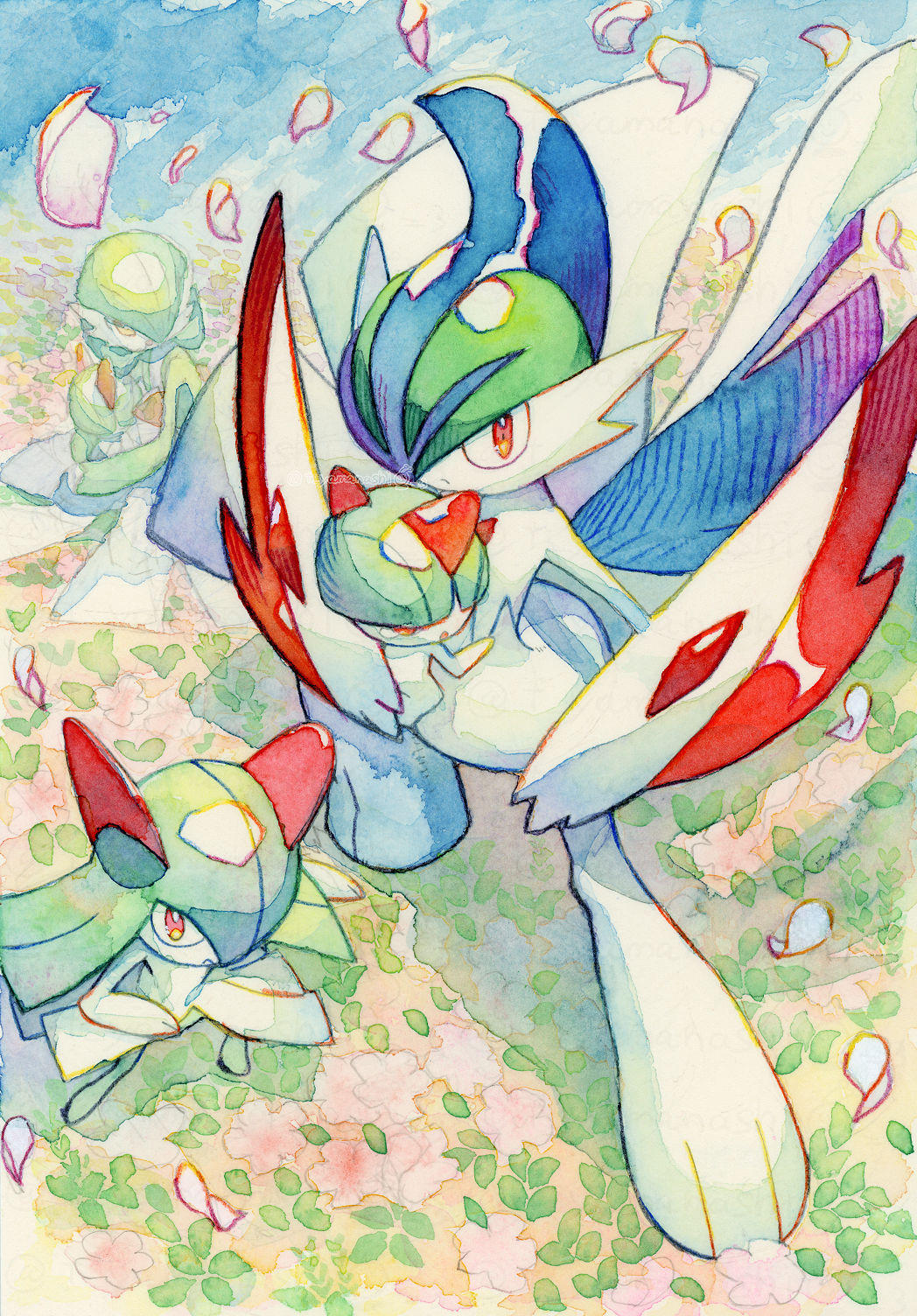 closed_mouth colored_skin commentary_request falling_petals gallade gardevoir green_hair highres holding kirlia looking_at_viewer no_humans petals pokemon pokemon_(creature) ralts simple_background smile standing yamanashi_taiki