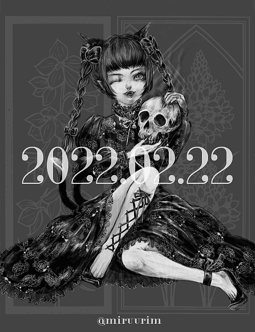 1girl animal_ears artist_name bangs bell black_footwear blunt_bangs bow braid cat_ears cat_tail corset_piercing embellished_costume extra_ears fangs floral_background floral_print frills full_body greyscale hair_bow hair_ribbon holding holding_skull jingle_bell juliet_sleeves kaenbyou_rin lips long_hair long_sleeves looking_at_viewer monochrome multiple_tails nazo_(mystery) neck_bell neck_ribbon nekomata nostrils one_eye_closed pointy_ears puffy_sleeves ribbon simple_background sitting skull smile solo tail teeth touhou tress_ribbon twin_braids twintails two_tails