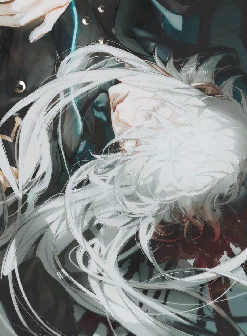 1boy asclepius_(fate) au_(d_elite) bangs blood blood_in_hair closed_eyes closed_mouth colored_eyelashes commentary eyelashes fate/grand_order fate_(series) hair_between_eyes long_eyelashes long_hair male_focus short_sleeves signature silver_hair solo thick_eyelashes twitter_username upper_body white_hair
