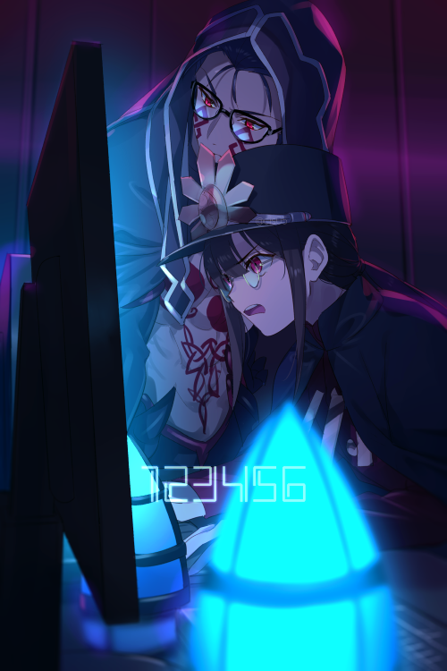 2boys abs background_text bangs black_hair blue_hair blue_light breast_tattoo cape chest_tattoo computer cu_chulainn_(fate) cu_chulainn_alter_(fate/grand_order) earrings echo_(circa) english_commentary facepaint facial_mark fate/grand_order fate_(series) glasses gloves hat hood hood_up jacket jewelry keyboard_(computer) long_hair long_sleeves looking_at_object male_focus multiple_boys oda_nobukatsu_(fate) oda_uri open_mouth peaked_cap ponytail red_eyes sidelocks spikes tail tattoo teeth toned toned_male upper_body very_long_hair