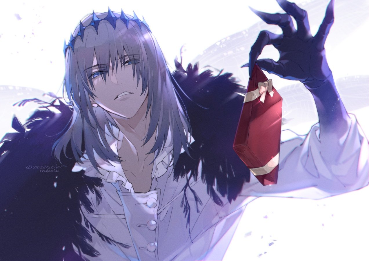 1boy arthropod_boy bangs blue_eyes cape commentary_request crown diamond_hairband fate/grand_order fate_(series) fur-trimmed_cape fur_trim grey_hair insect_wings long_hair long_sleeves male_focus oberon_(fate) senzaki_makoto shirt solo spoilers wings