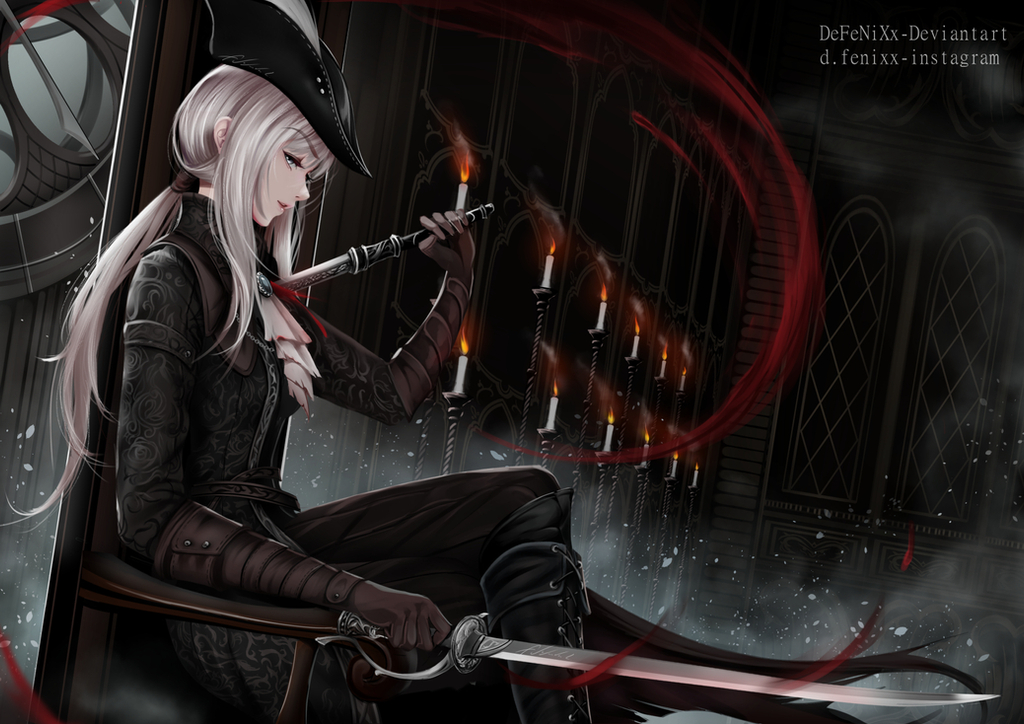 1girl ascot blood bloodborne blue_eyes boots cape chair coat defenixx double-blade gem gloves hat hat_feather holding lady_maria_of_the_astral_clocktower long_hair looking_at_viewer ponytail rakuyo_(bloodborne) simple_background smile solo sword the_old_hunters tricorne weapon white_hair