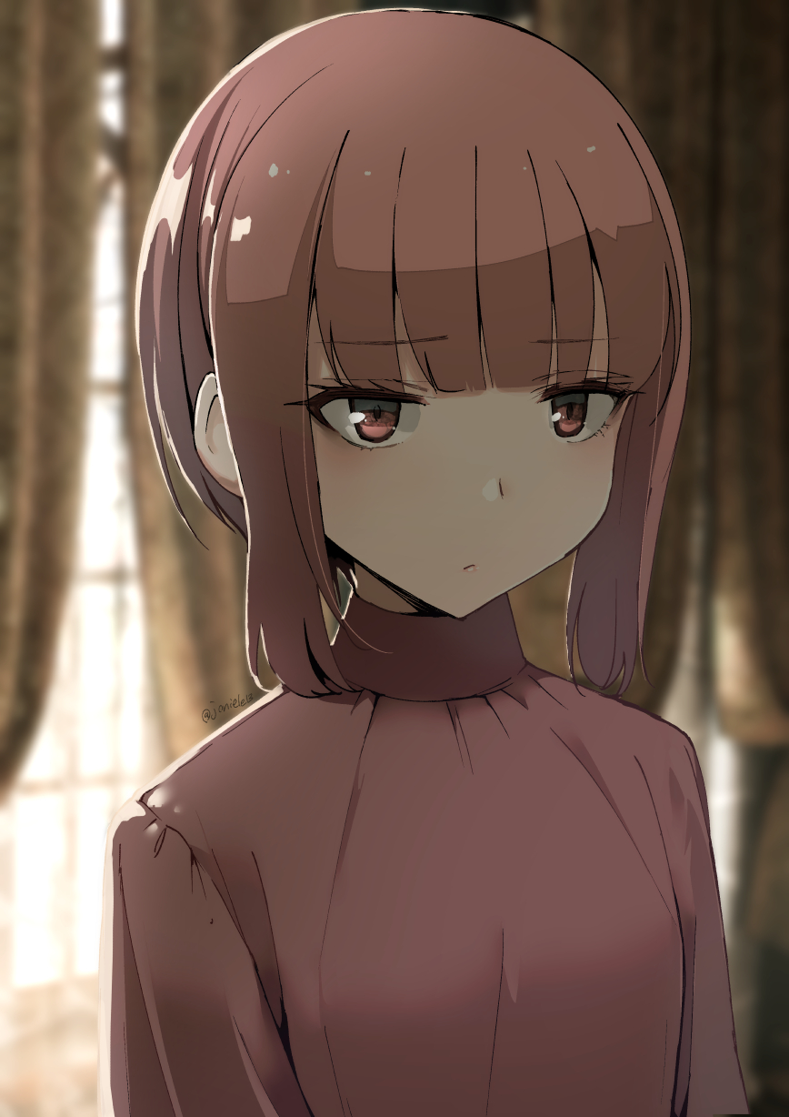 1girl alternate_costume bangs blunt_bangs brown_blouse brown_eyes brown_hair commentary_request curtains expressionless highres kantai_collection masukuza_j photo_background short_hair sidelocks solo upper_body window z3_max_schultz_(kancolle)